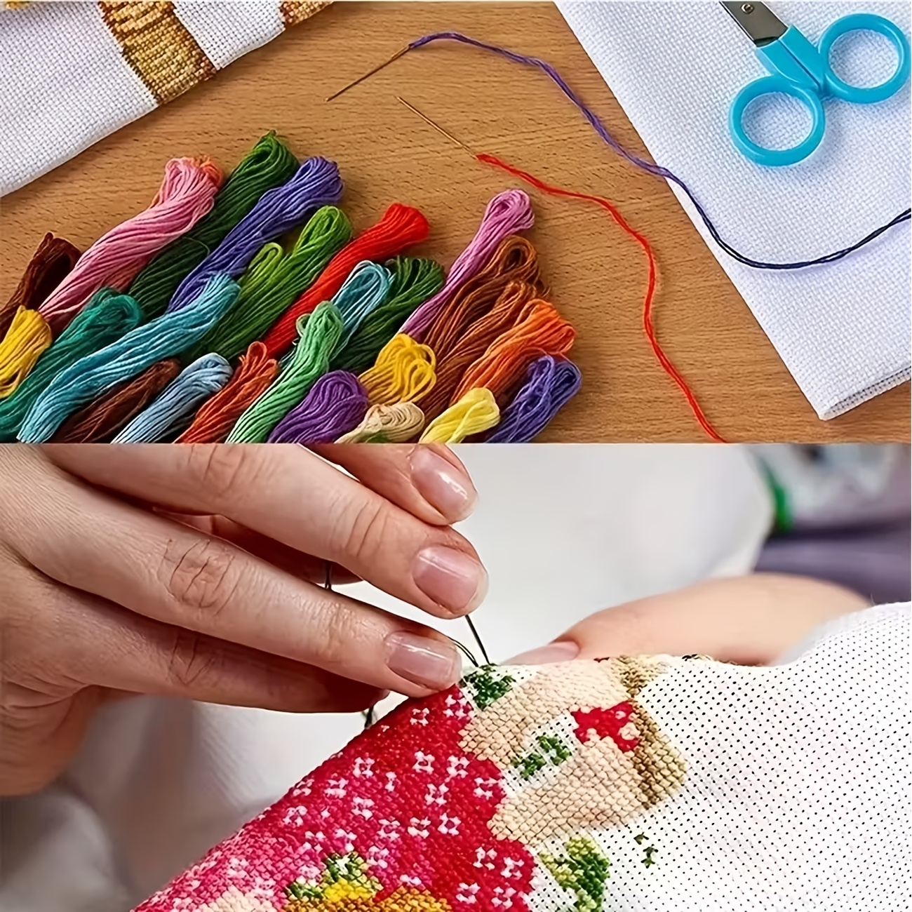 Cross-Stitch Printed Kit, Watercolor Red Blue White Flowers Pattern