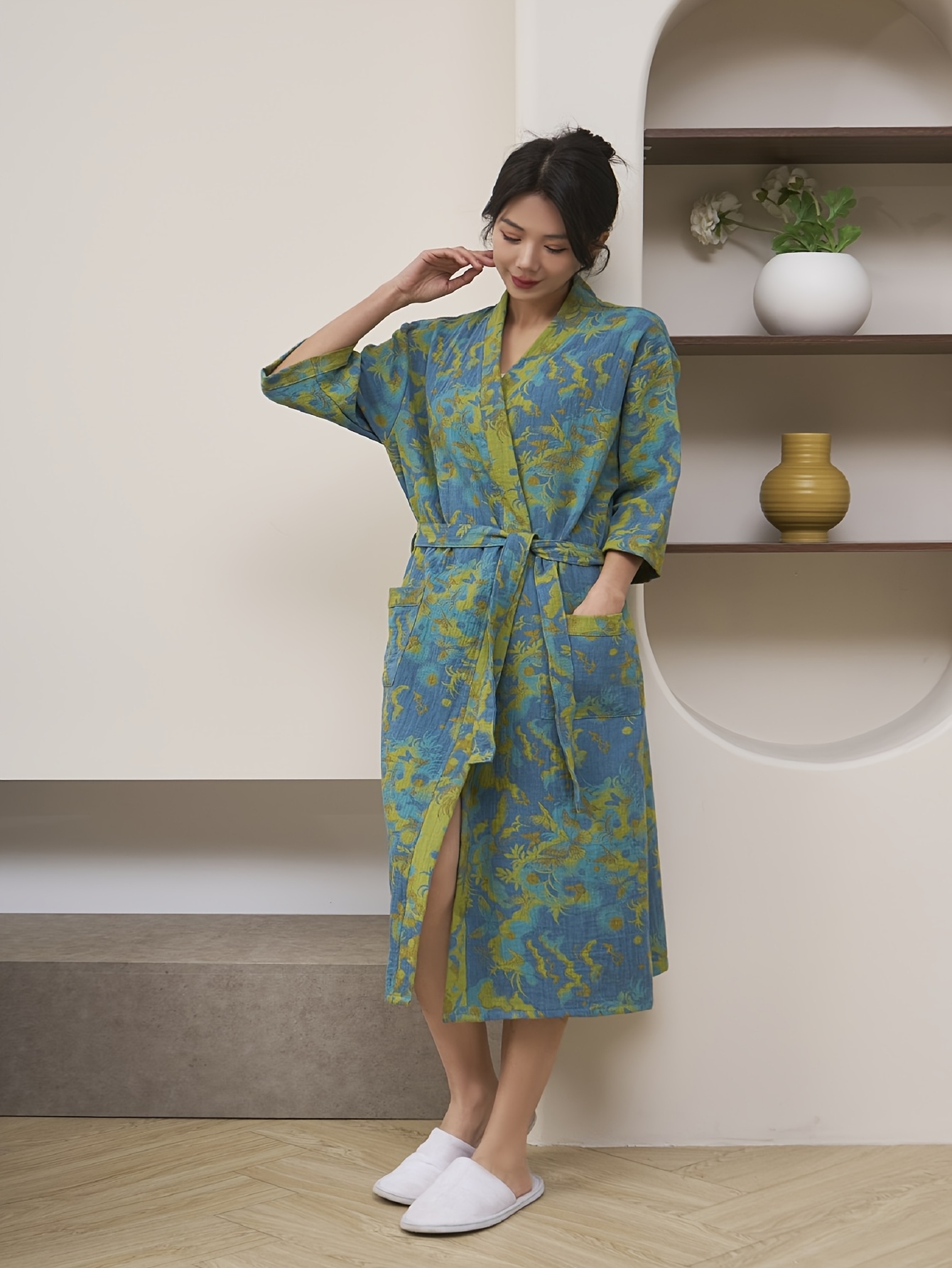 Women S Japanese Kimono Bathrobe - Elegant Floral Robe with Belt, Soft Non-Stretchy Fabric,   Lounge robe for Spa, Sleepwear, Home - Spring/Summer/Autumn Japanese Clothing, Kimono Style Robe, Spa Attire, Breathable Fabric, Summer Sleepwear, Lightweight Robe, Durable Construction, Sleepwear Robe, Sleepwear Lovers