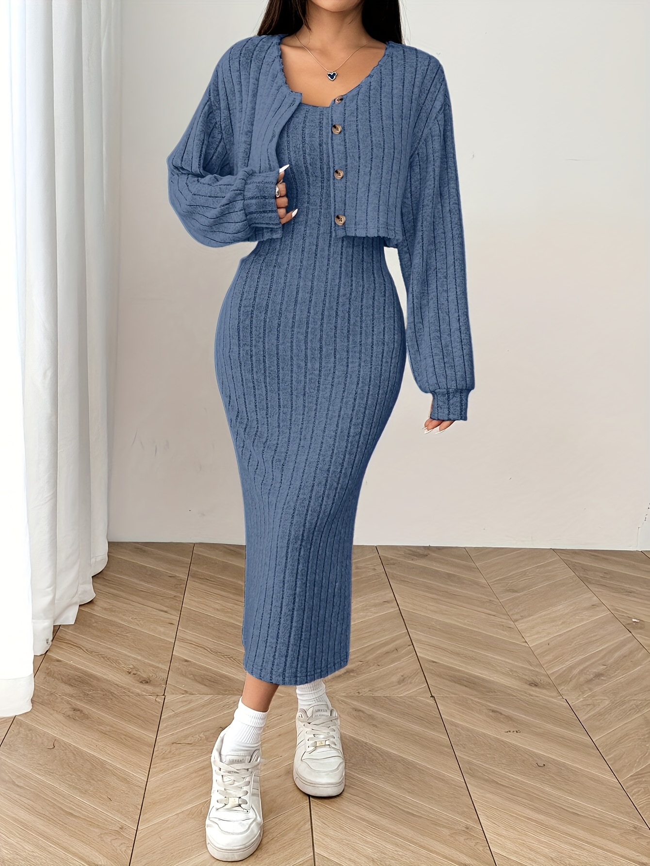 2 pcs elegant cable texture tube dress set, long sleeve open front duster  jacket & straight neck bodycon dress outfits, women's clothing - women's  clothing - Temu Nigeria