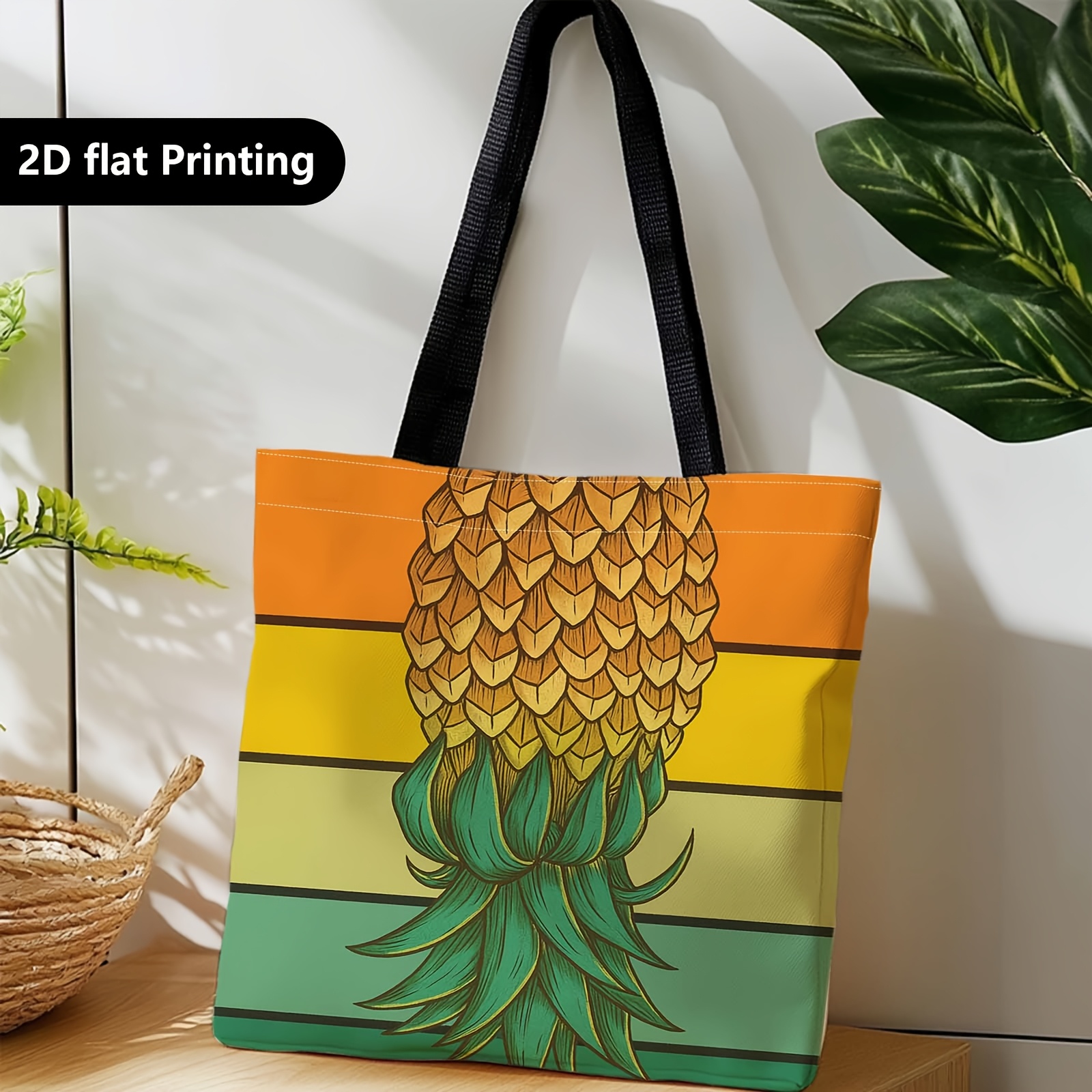 TEMU 1pc Shopper Bag,shopping Portable Shoulder Back Hand-held Canvas Bag,pineapple, Stripes, ,suitable For Travel, Cosmetics, Holiday Storage