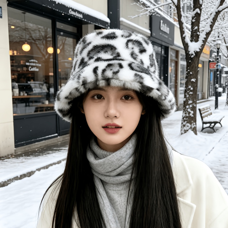 TEMU New Arrival Soft Bucket Hat For Women, Stylish Korean Leopard Print Plush , Thickened Windproof Ear Protection Fisherman Hat, Versatile Warm