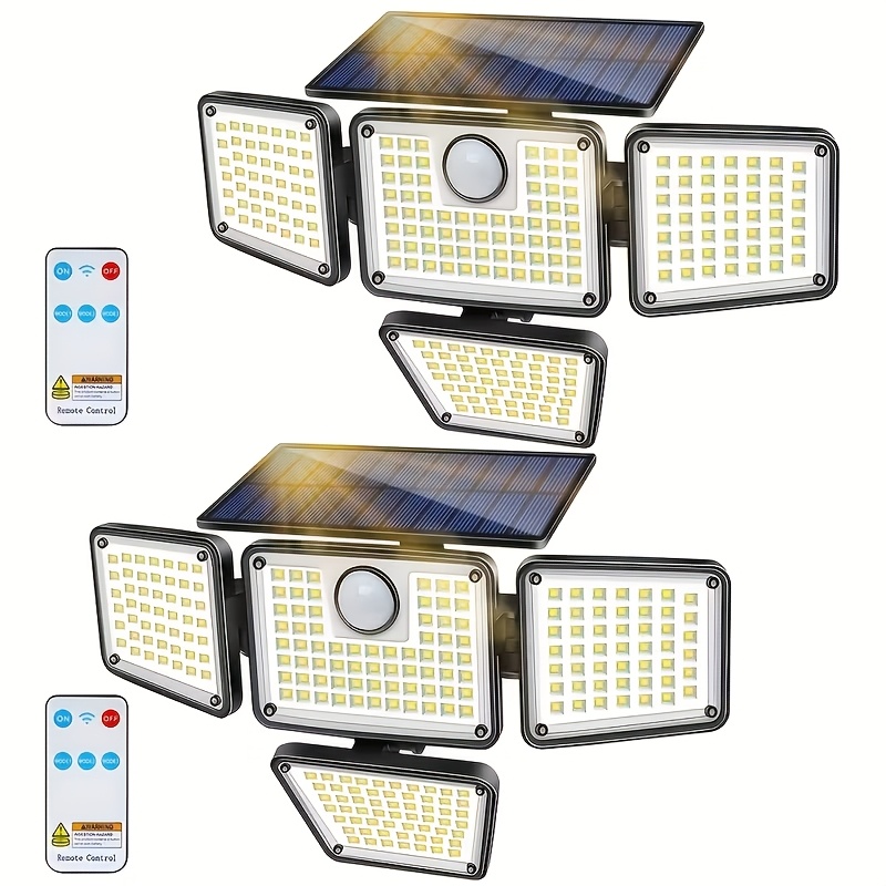 TEMU 1pc/2pcs Newest 223 Led Solar Outdoor Lights, Garden Solar Lights, Solar Motion Sensor Street Lamp With Remote, 4-head Solar Powered Security