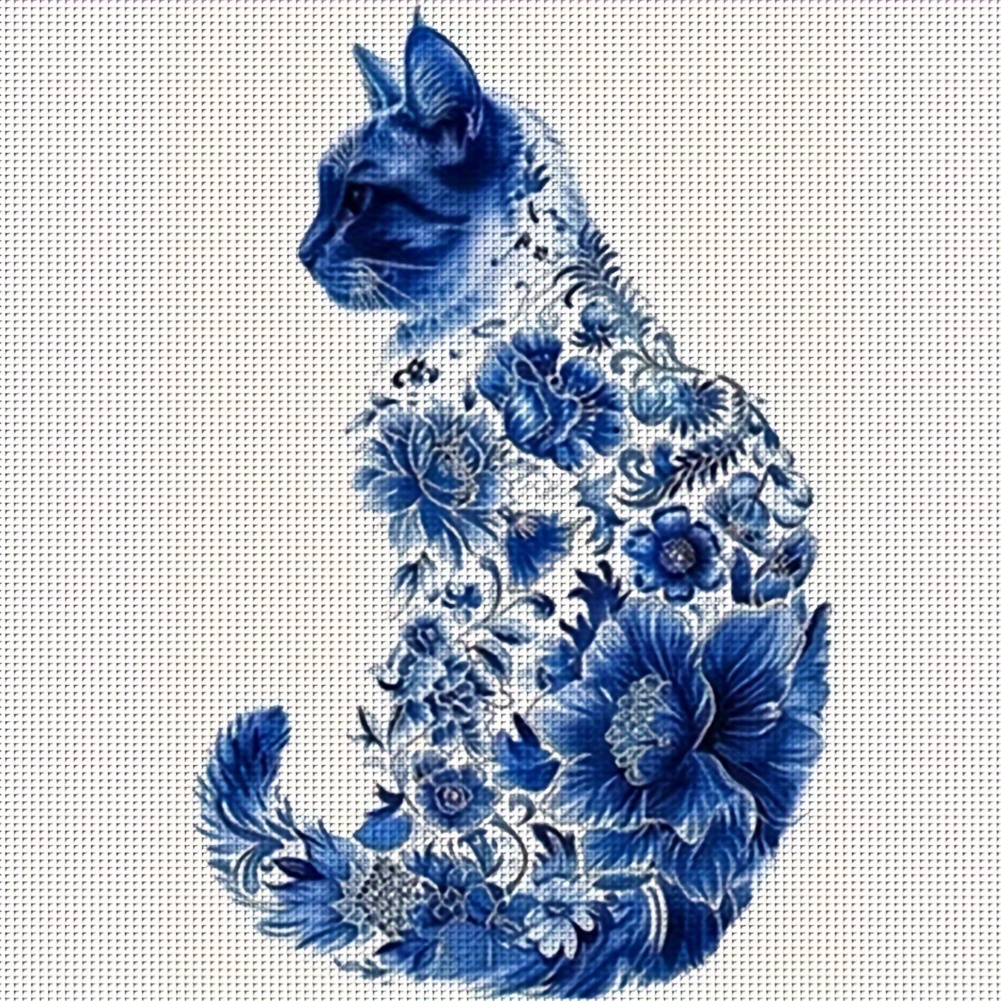 

Blue Floral Cat Stitch Kit - Diy Embroidery Craft Set With 11ct Canvas, , Needles & Instructions For Home Wall Decor,