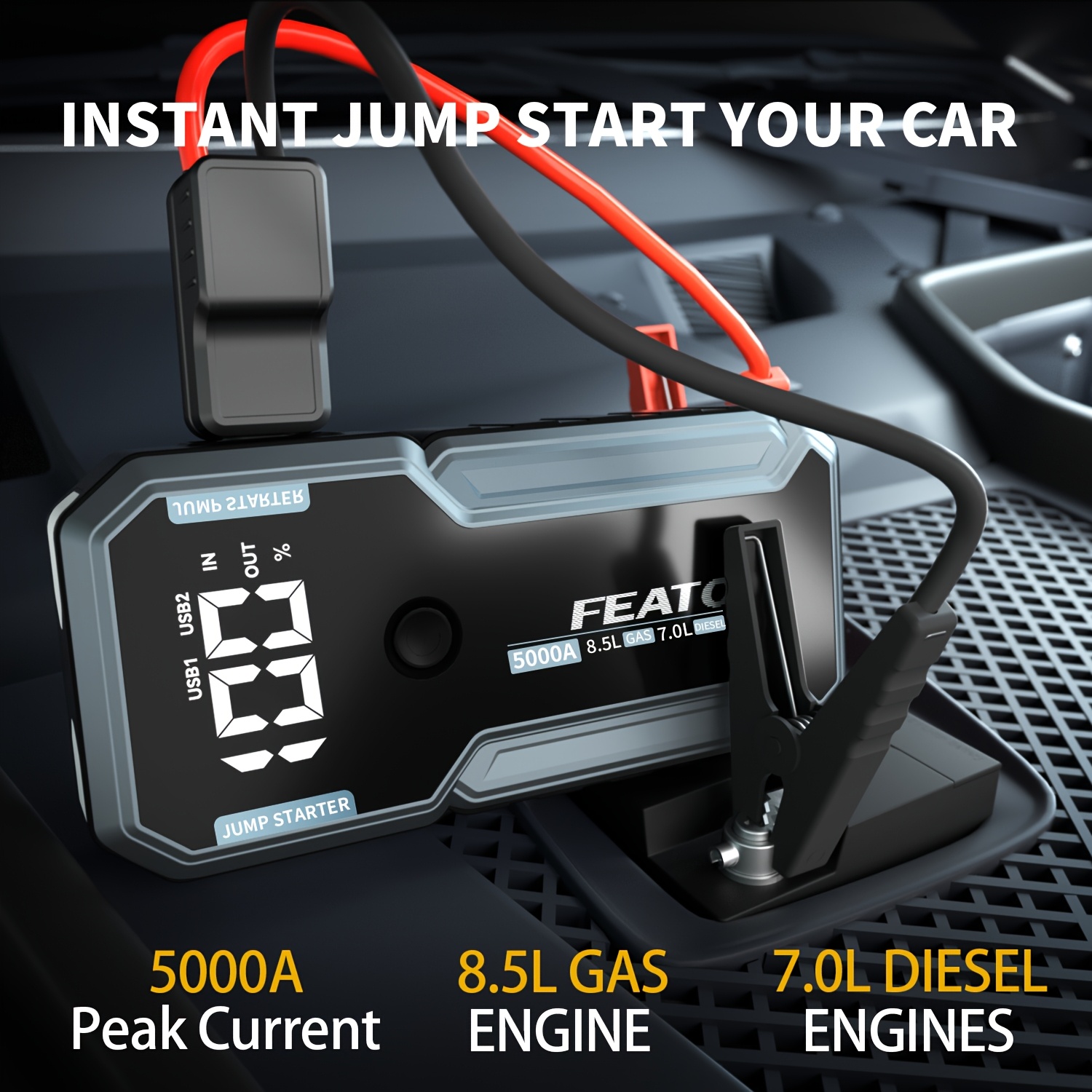   portable car starter 5000a   battery jump starter car battery jump box car battery charger 12v portable car starter suitable for 8 5l gasoline and 7 0l   cars with usb   bank function and led flashlight Product details 5