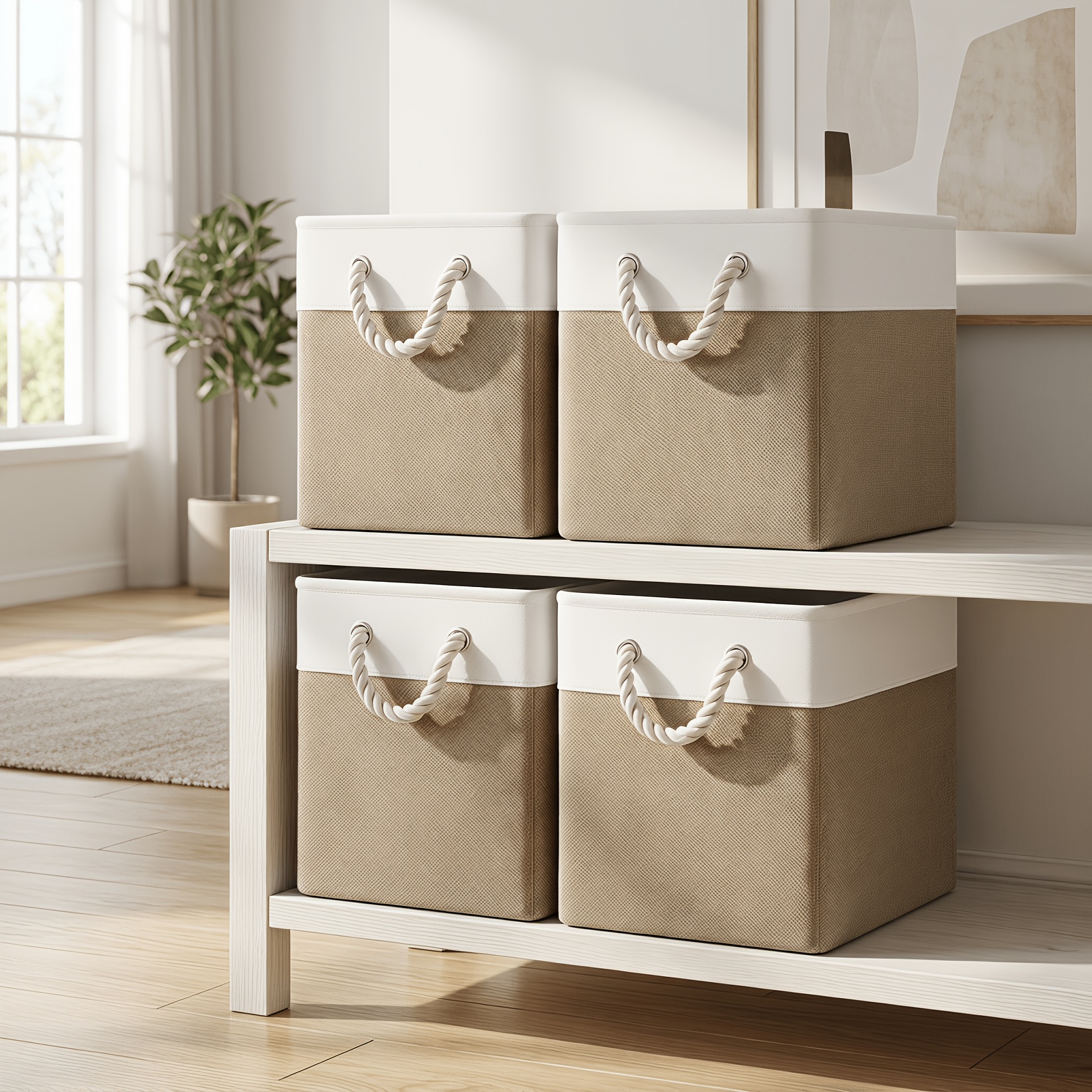 Foldable & Storage Basket With Hemp Rope Handle - Fabric Box Suitable For Cabinets, Shelves, Bedroom,, - Contemporary Foldable Basket For Home Organization, Space-, Shelf Baskets