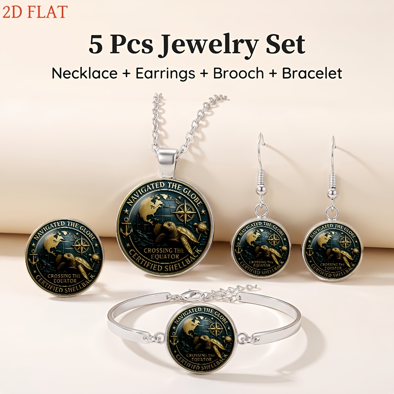 5pc Sea-Themed Ladies Jewellery Set with Turtle, Globe, Anchor & Compass