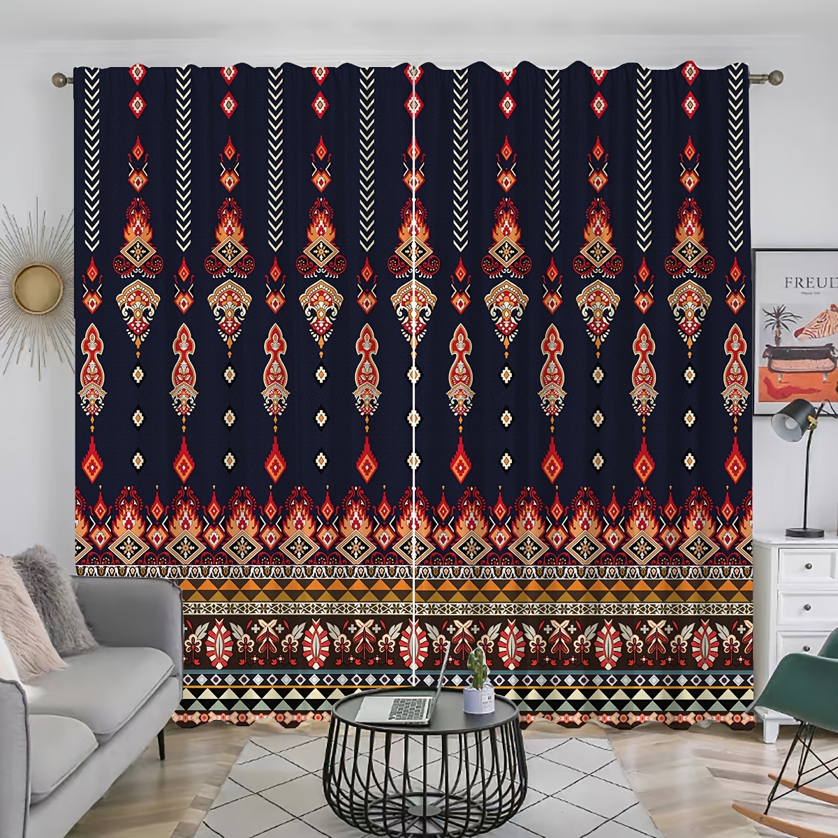 

2pcs, Mexican Themed Geometric Pattern Curtains, Rod Pocket Curtain, Suitable For Restaurants, Public Places, Living Rooms, Bedrooms, Offices, Study Rooms, Home Decoration