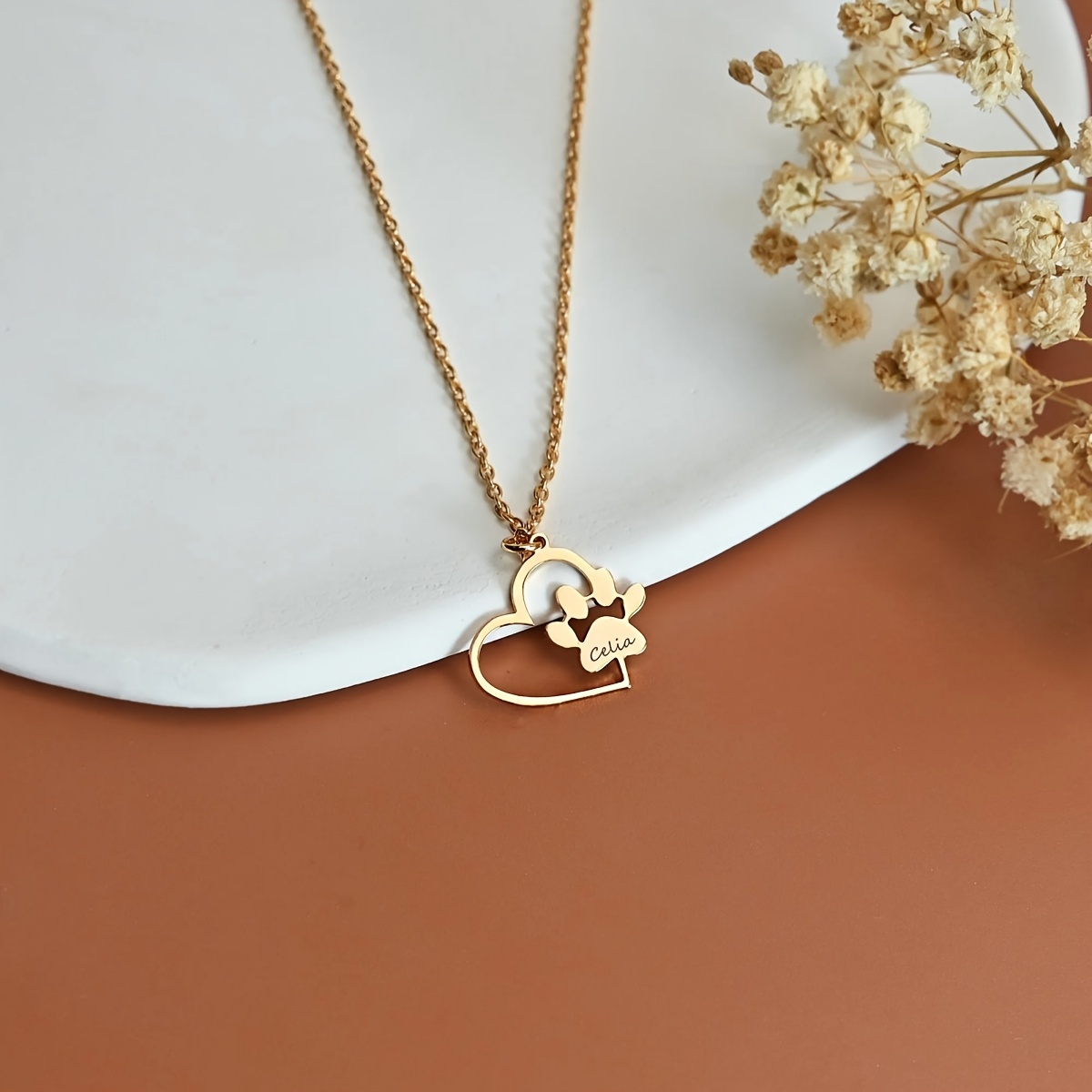 Custom Black Label Name Heart Cat Paw Pendant Necklace