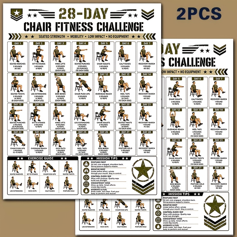 TEMU 2pcs Chair Fitness Challenge Posters Suitable For Gyms, Seniors & Workouts - 28-day Strength & Flexibility Training Guide With Sitting Posture