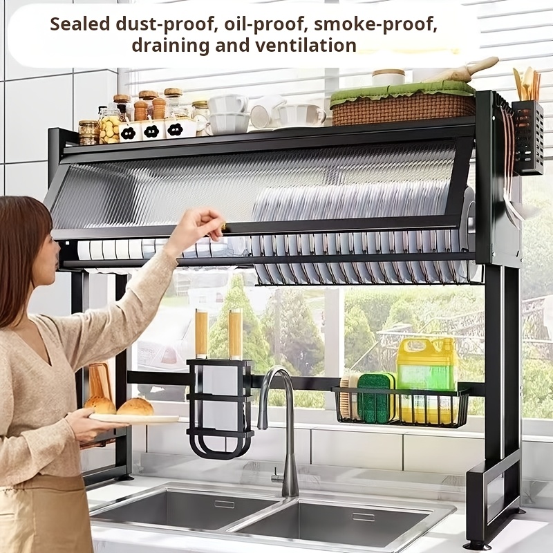 1pc black over the sink dish drying rack kitchen countertop storage shelf with   dust   smoke proof design carbon steel and plastic material under cabinet dish drainer with 40kg load capacity details 1