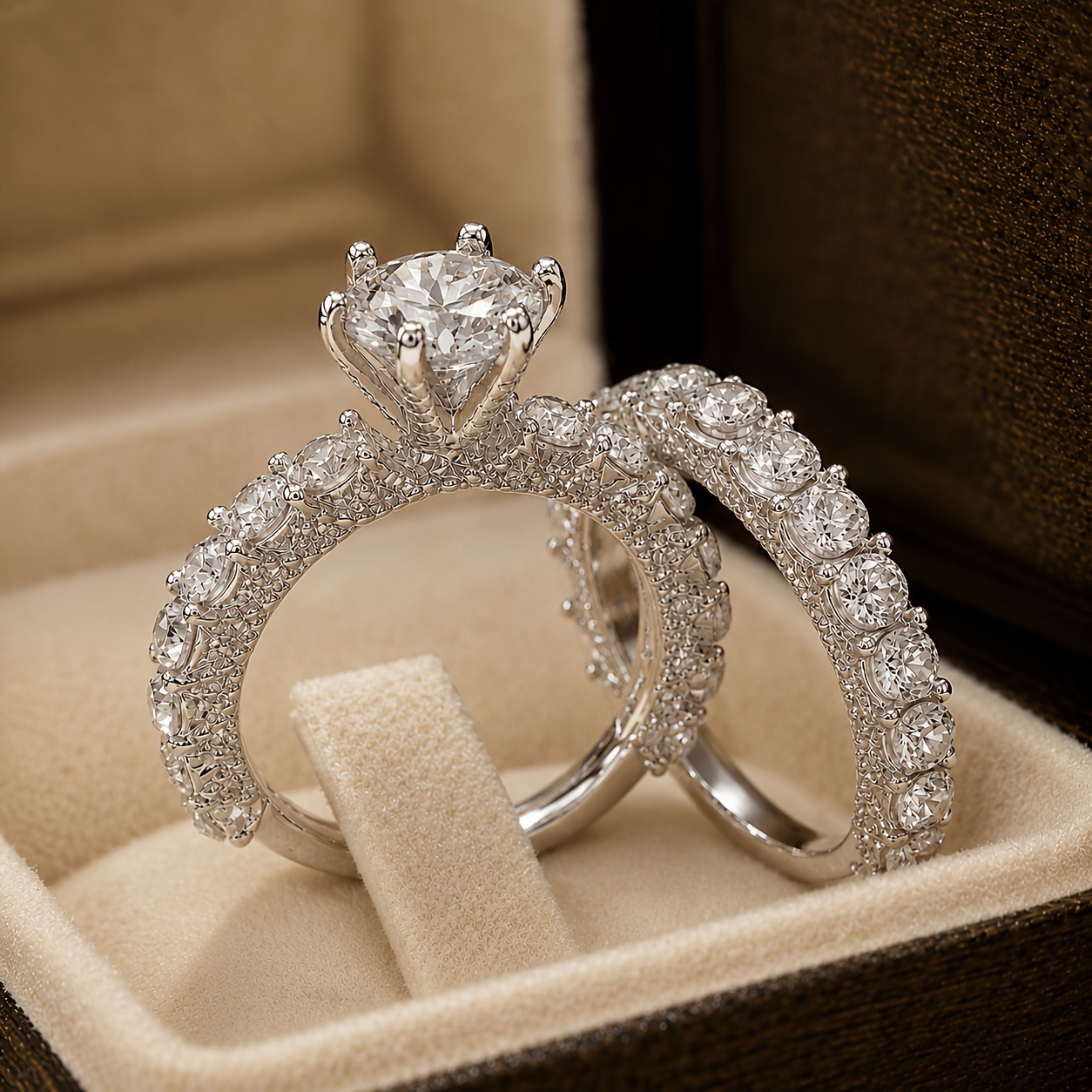 Image of 2pcs Luxury Silvery-colored 5a Zirconia Solitaire Ring Set Men Women Unisex Engagement Wedding Promise Pave Stackable Band Anniversary Gift Jewelry