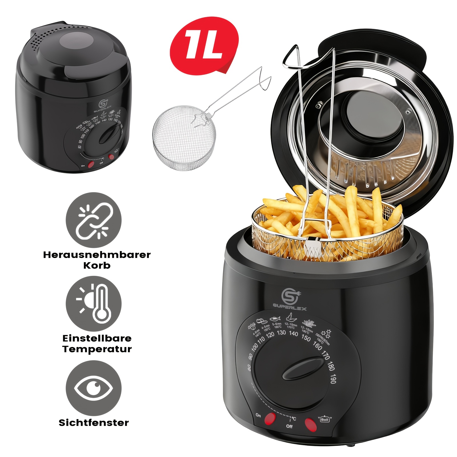 Image of Home Catering Must-have: Superlex 1l Mini Deep Fryer With Stainless Steel Filter For Crispy Fried Foods