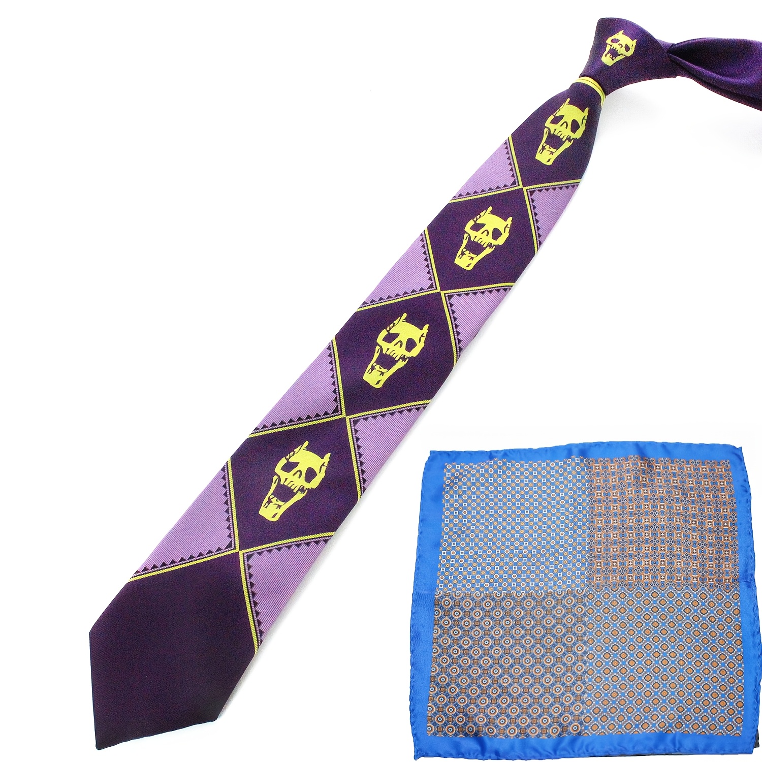 TEMU Tie And Pocket Square Fashionable Temperament No-tie Zipper Style/hand-knotted Style Gray/purple/-ed Texture Dog Skull Pattern Men's Necktie,
