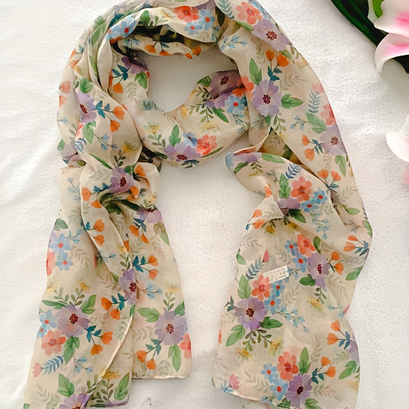 

Floral Scarf For Women - 100% Polyester Lightweight Sheer Shawl, Breathable Sun-protective Neck Scarf, Decorative Fashion Scarf With No Feathers, Hand Washable - 1pc