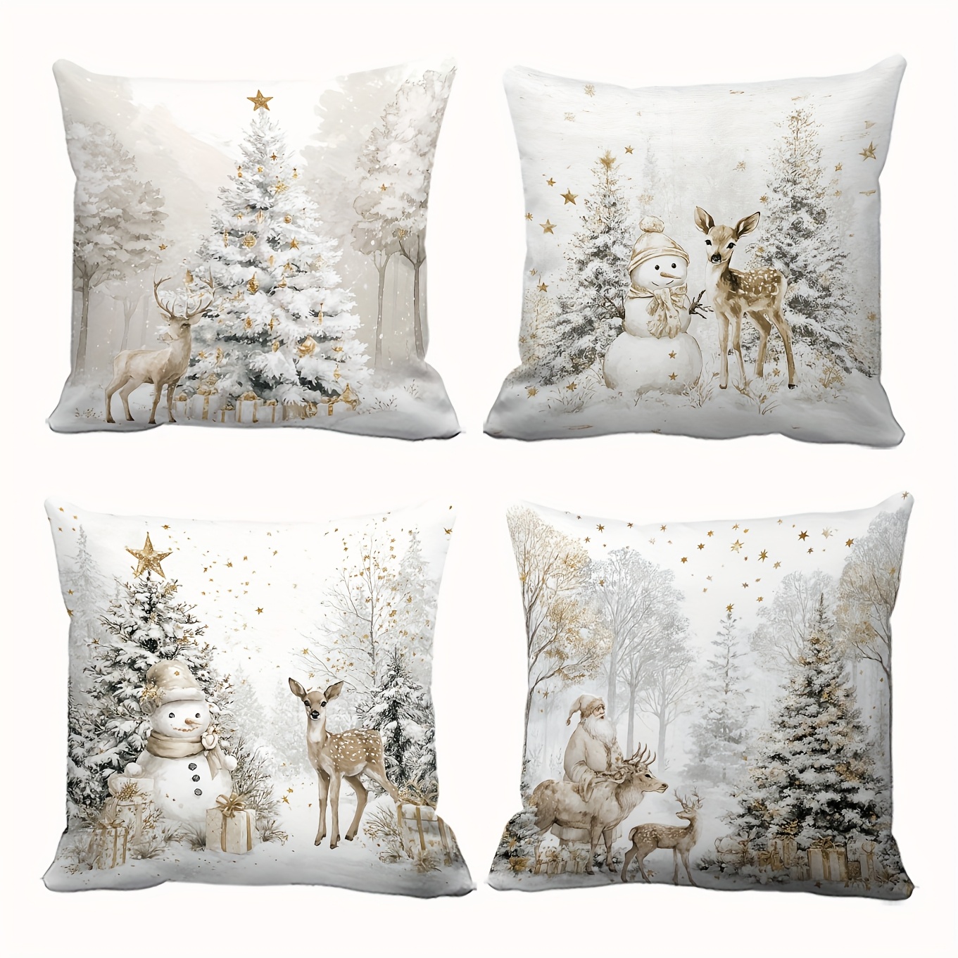 TEMU 4pcs Set White Golden Star Christmas Tree Reindeer Santa Claus Gift Snowman Pillow Covers For Fireplace, Outdoor Garden, Office Holiday Party ,