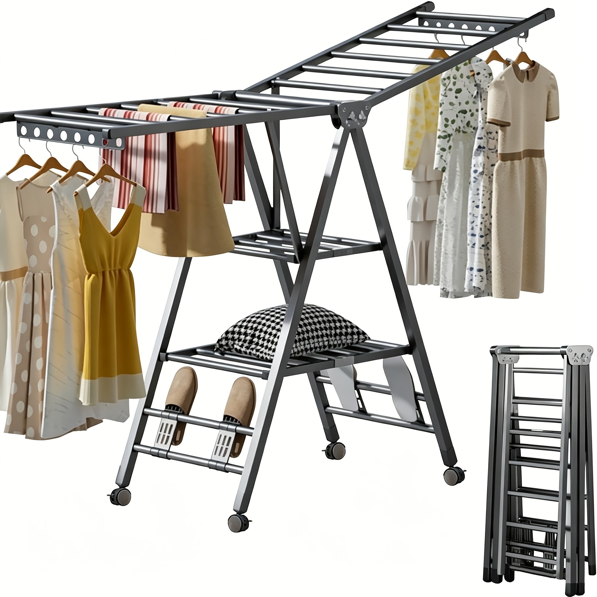 TEMU Folding Clothes Dryer Clothes Drying Rack With 4 Shoe Holder, Foldable 3-tier Laundry Hanger Free-standing Dryer Rack Made Of Carbon Steel,