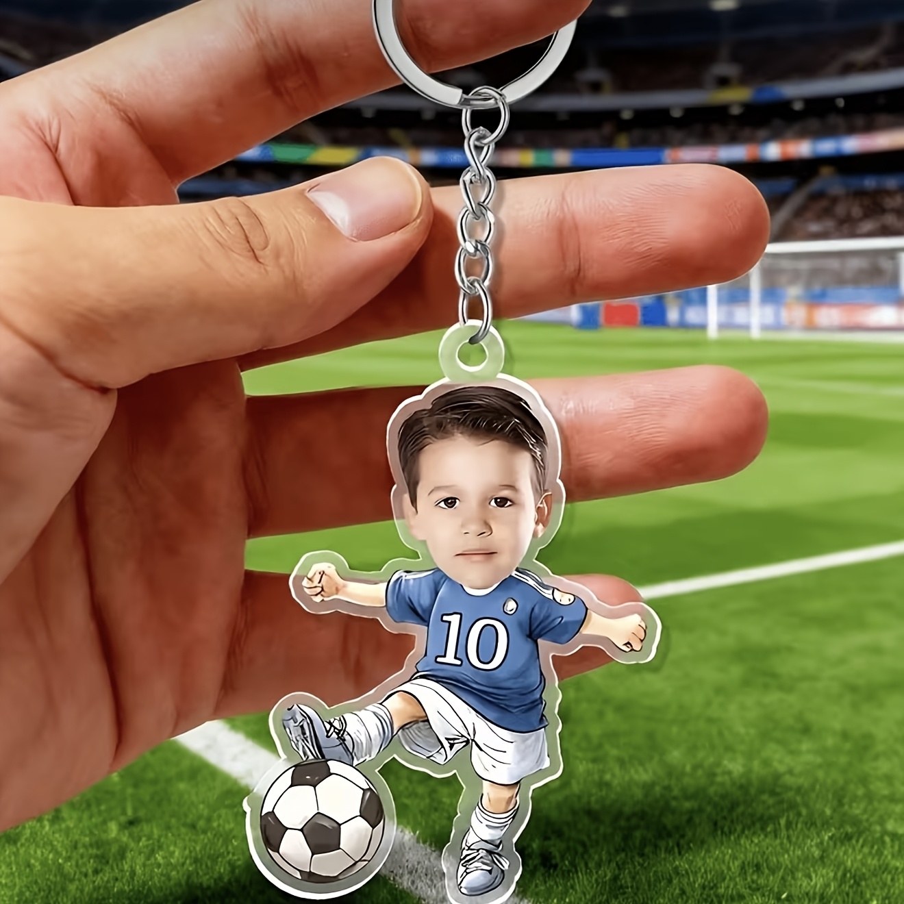 TEMU 2D Plat, Gepersonaliseerde 2D Op Maat Gemaakte Acryl Sleutelhanger met Foto en Tekst van Voetballer, Sleutelring met Cartoon Voetbalthema, Uniek