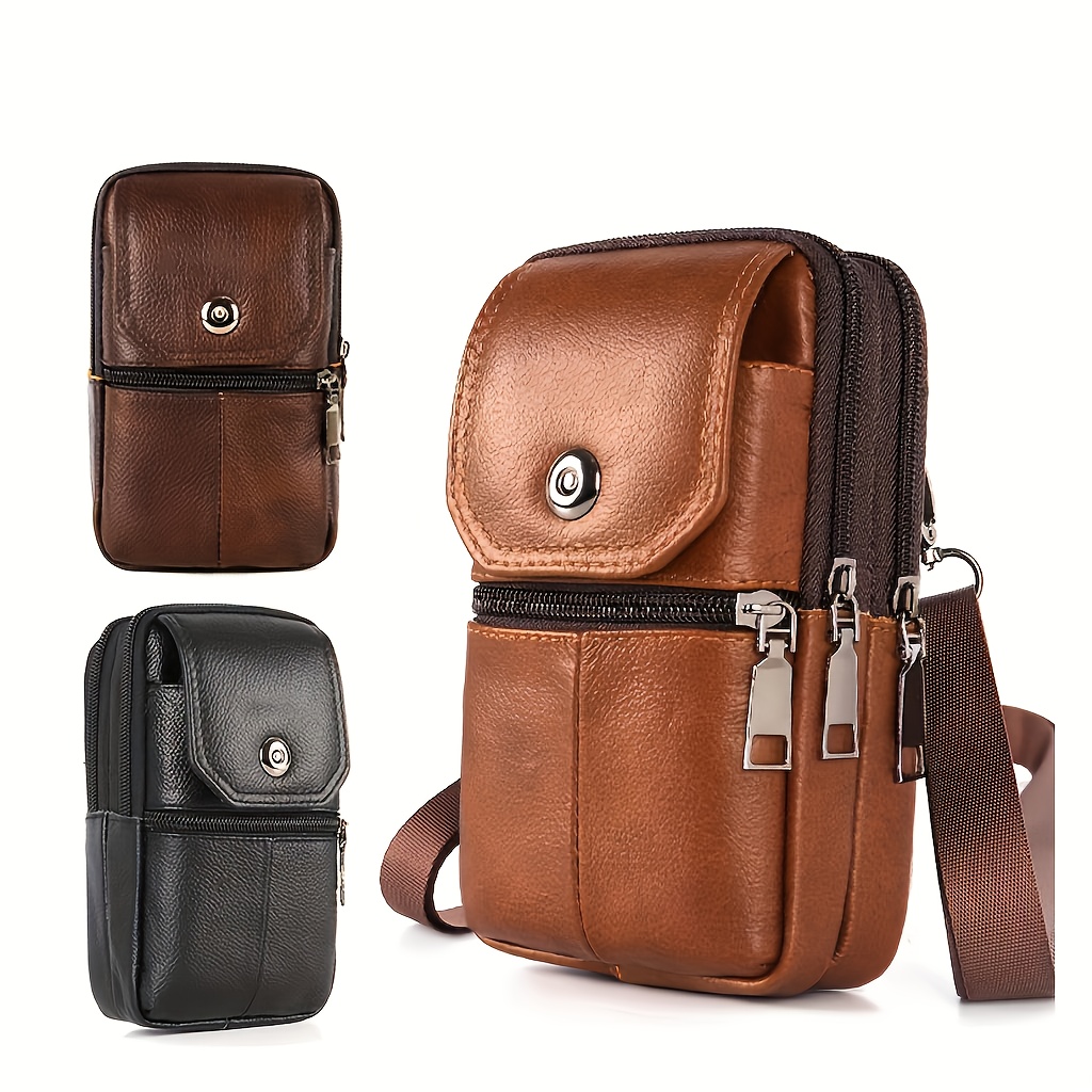 

Men's Genuine Leather Sling Bag - Waist Belt Pack For Phone, Cards, And Keys Holder, Adjustable Strap, Zippered Compartments, , Brown/black/dark Brown