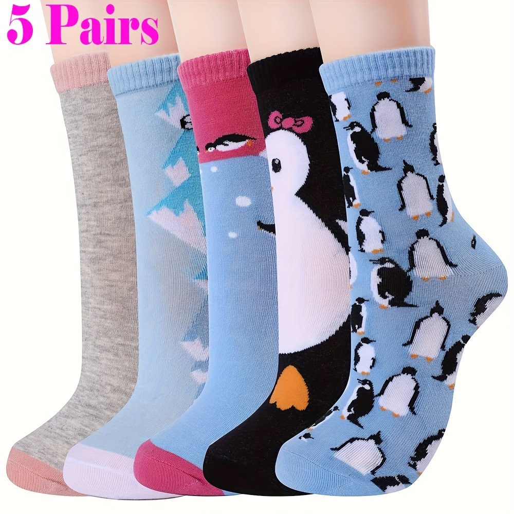 

5 Pairs Of Lovely Penguin Crew Socks, Soft Breathable Comfy Socks For Family Friends, Funny Creative Gift