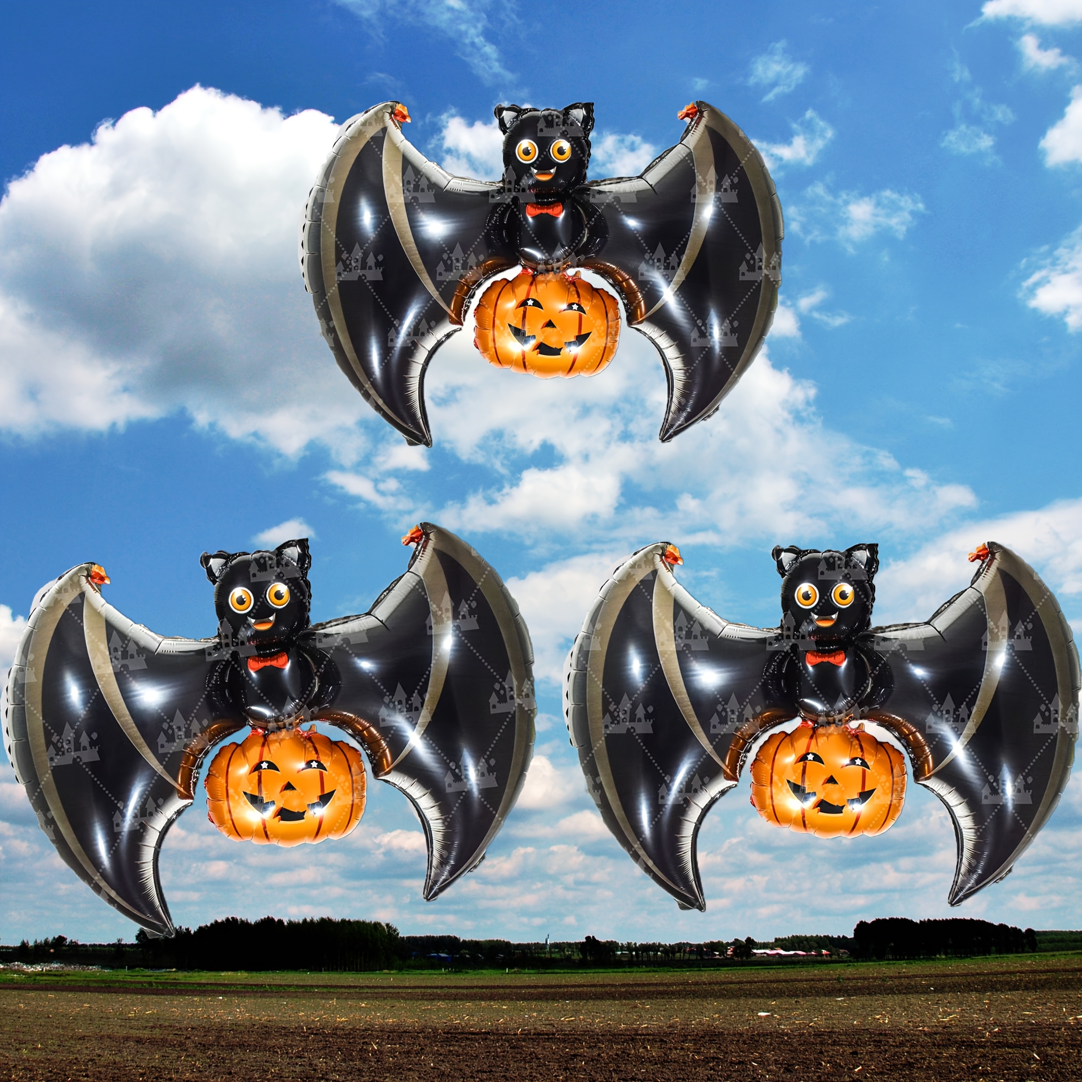 Image of Set Of 3, Foil Balloons Featuring Pumpkin And Bat Designs, Perfect For Decorating Halloween Event Venues And For Displays