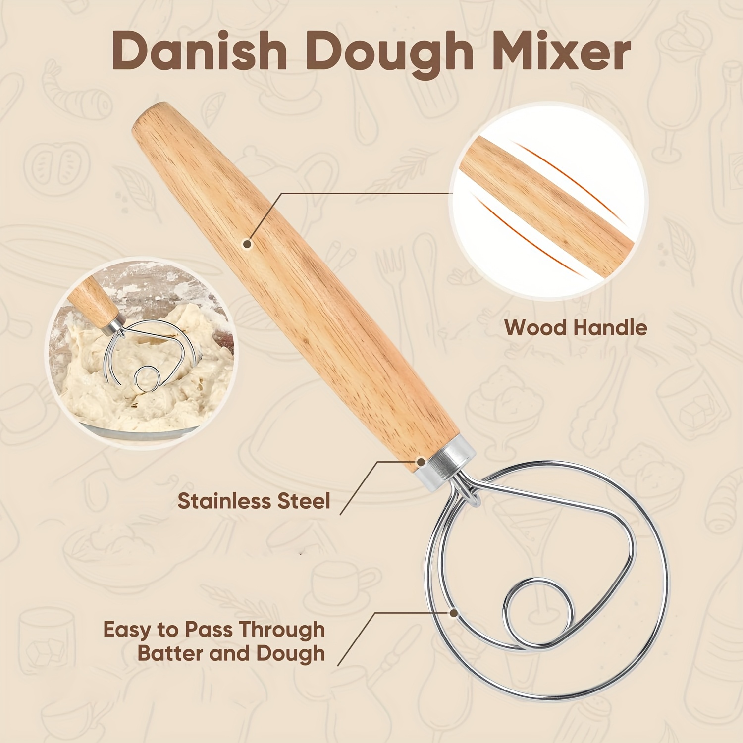E-shop 10" Edelstahl Holländischer Teigbesen mit Holzgriff, ein Dänischer Teigbesen und Teigabzieher, zum Mischen von Sauerteig, Pizza, Gebäck und