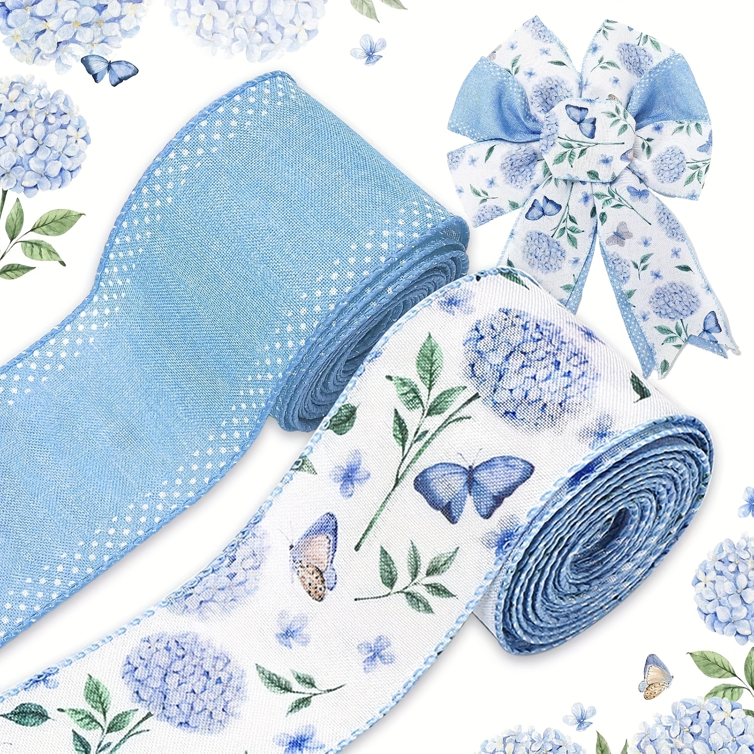 

Blue Hydrangea Flower Ribbon Watercolor Flower Craft Fabric Ribbon Spring And Summer Wreath Bow Diy Packaging Party Decoration, 2 Rolls,