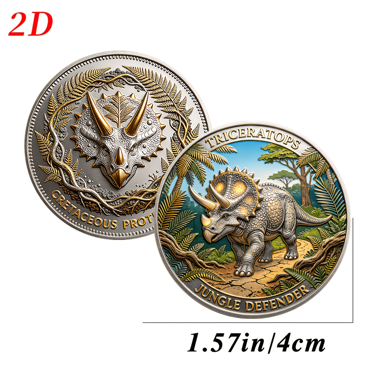 TEMU Replica Coin 1pc, 2d Triceratops Commemorative Coin, 4cm Portable Size With Transparent Protective Case, Suitable For Dinosaur