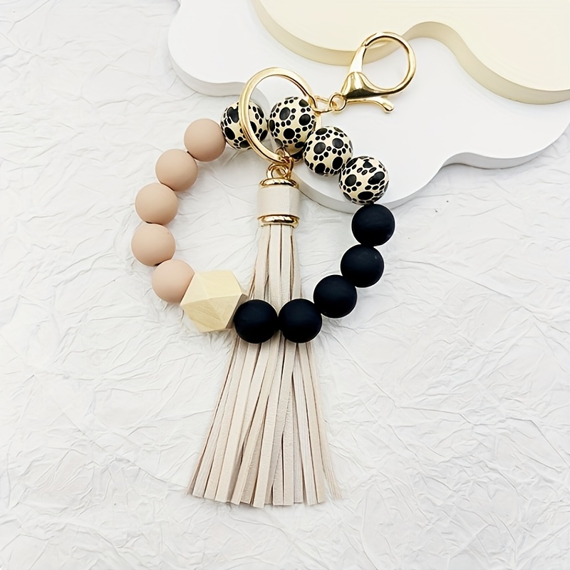 Image of 1pc Of Colorful Bead Keychain With Faux Leather Tassel, A Stylish Accessory For Car Keys Or Cute Wallets And Bags - For Women, Mothers, Or
