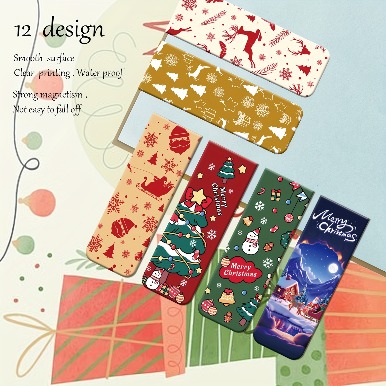 Image of Set Of 12 Magnetic Bookmarks With Festive Christmas Themes, Ideal As Party Giveaways For Book Lovers. Adorable Clips Are Wonderful Presents For Women, Students, And Educators (2.36x0.79 Inches)