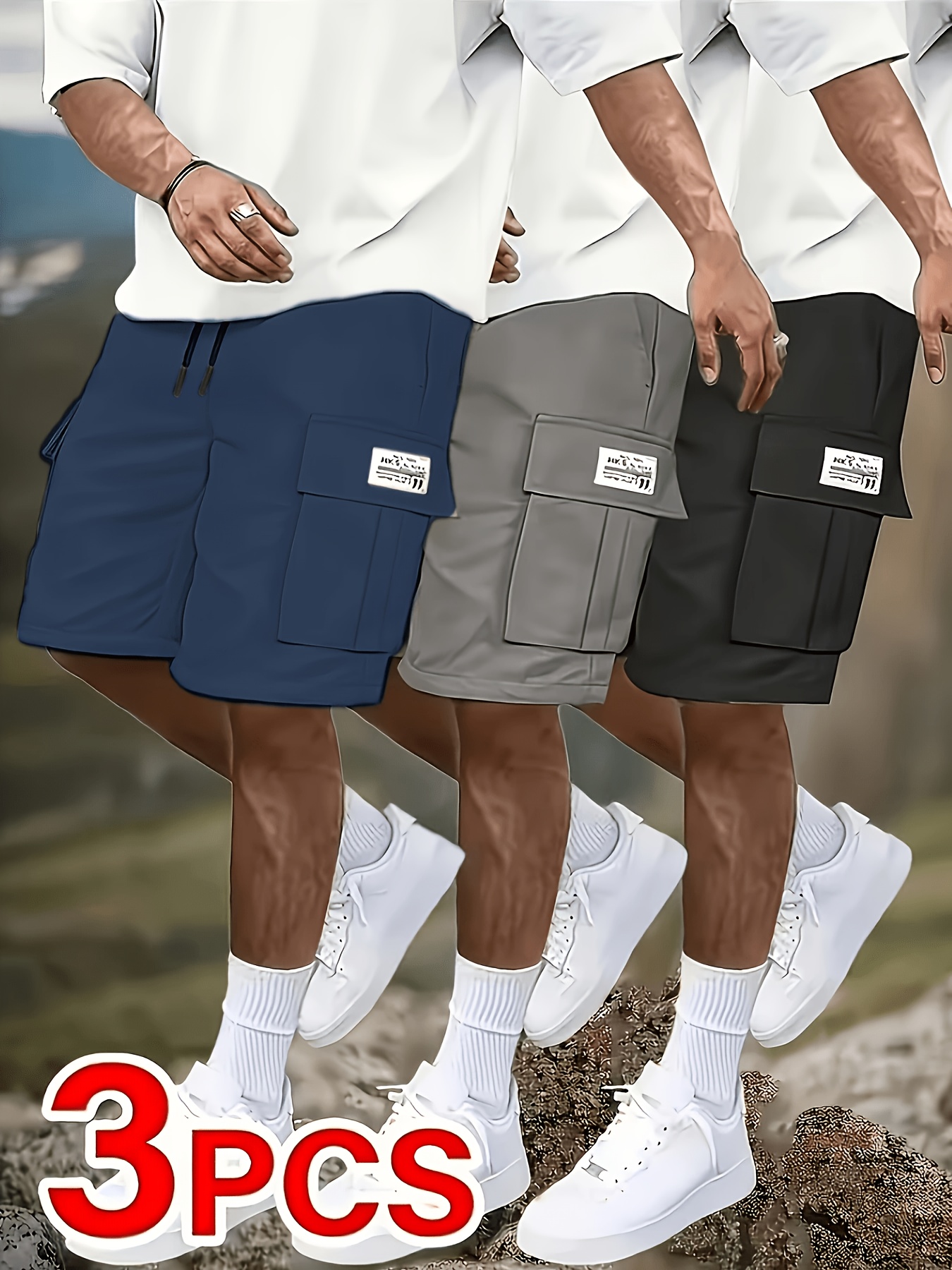 3pcs mens casual cargo shorts     elastic waist multiple utility pockets loose fit durable fabric for golf outdoor activities black beige light   gray active clothing relaxed style flexible  