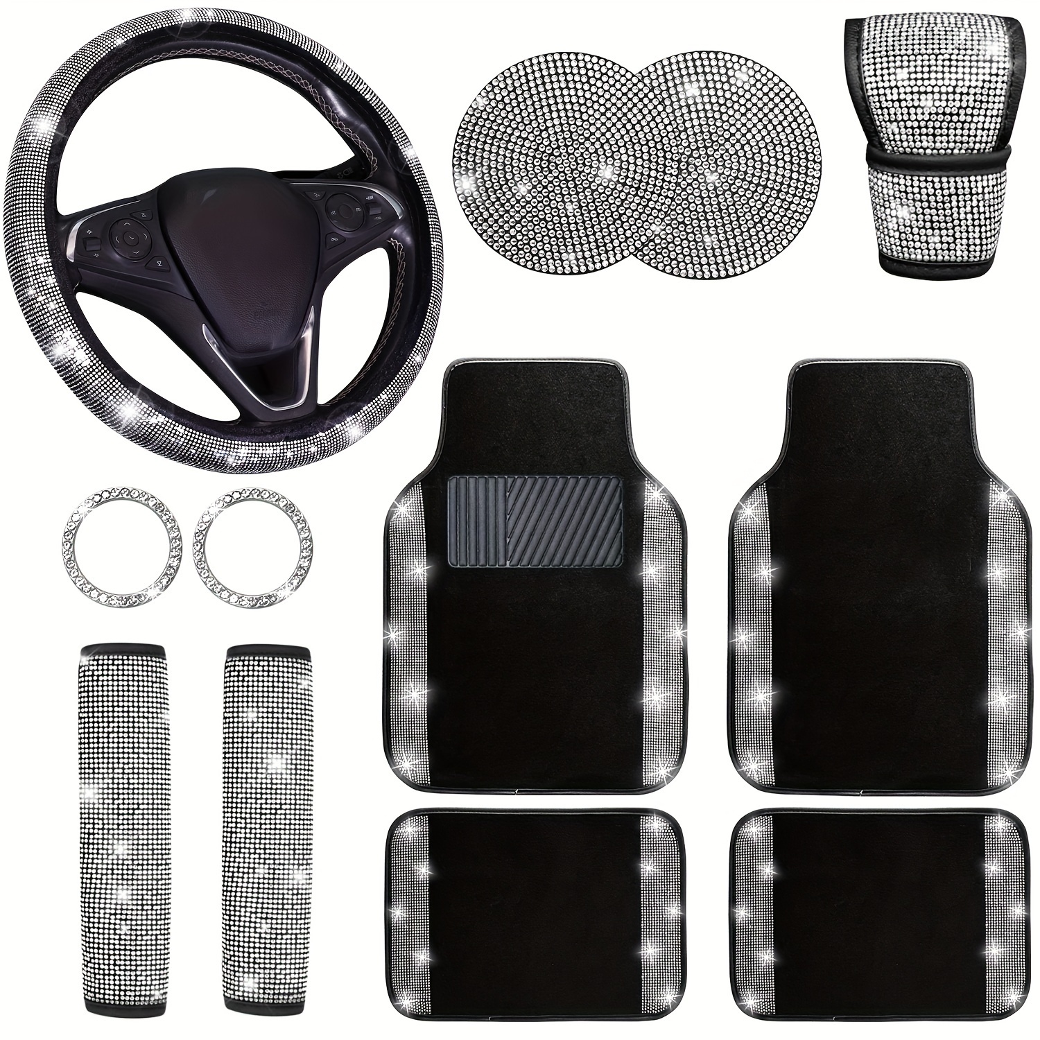 TEMU 12pcs Bling Car Accessories Set, Bling Car Floor Mats Universal Fit Most Cars, Bling Steering Wheel Cover Universal Inches, Seat Belt Covers,