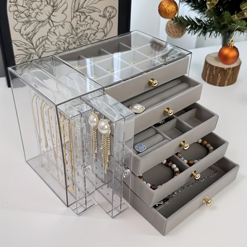 2 tier 5 layer large capacity transparent desktop jewelry organizer bracelet and necklace storage box with multiple compartments ring holder earring rack soft padded necklace and bracelet protector suitable for vanity or desk jewelry box jewelry boxes Product details 4