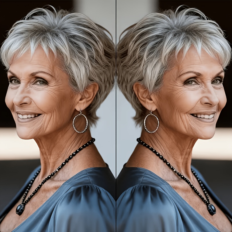 TEMU Short Grey Wigs For Women Cut Grey Wigs With Bangs Short Mixed White Wig