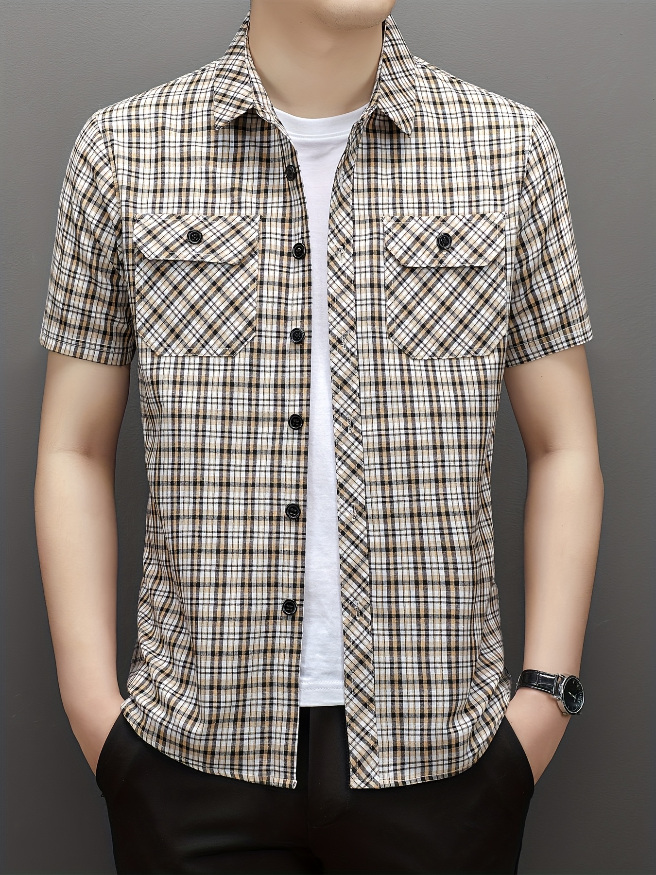 jingmo   checkered short sleeve shirt mens cargo style outdoor casual shirt