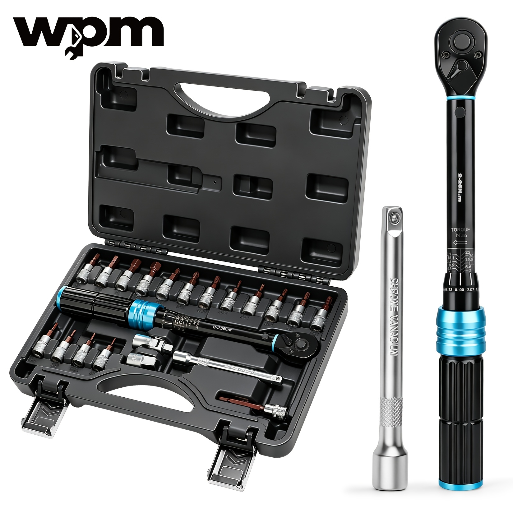 Image of Wpm 21pcs 1/4" Drive Torque Wrench Set 2-25nm Adjustable Click Type With Socket Bit Set, Extension Bar & Carrying Case, Bike Bicycle Motorcycle E-bike Repair Maintenance Hand Tool Kit