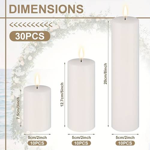 36 pack multi size white unscented pillar candle gift box 38 hours long lasting burn design large candles for home commercial use weddings banquets dinners and ambiance decoration