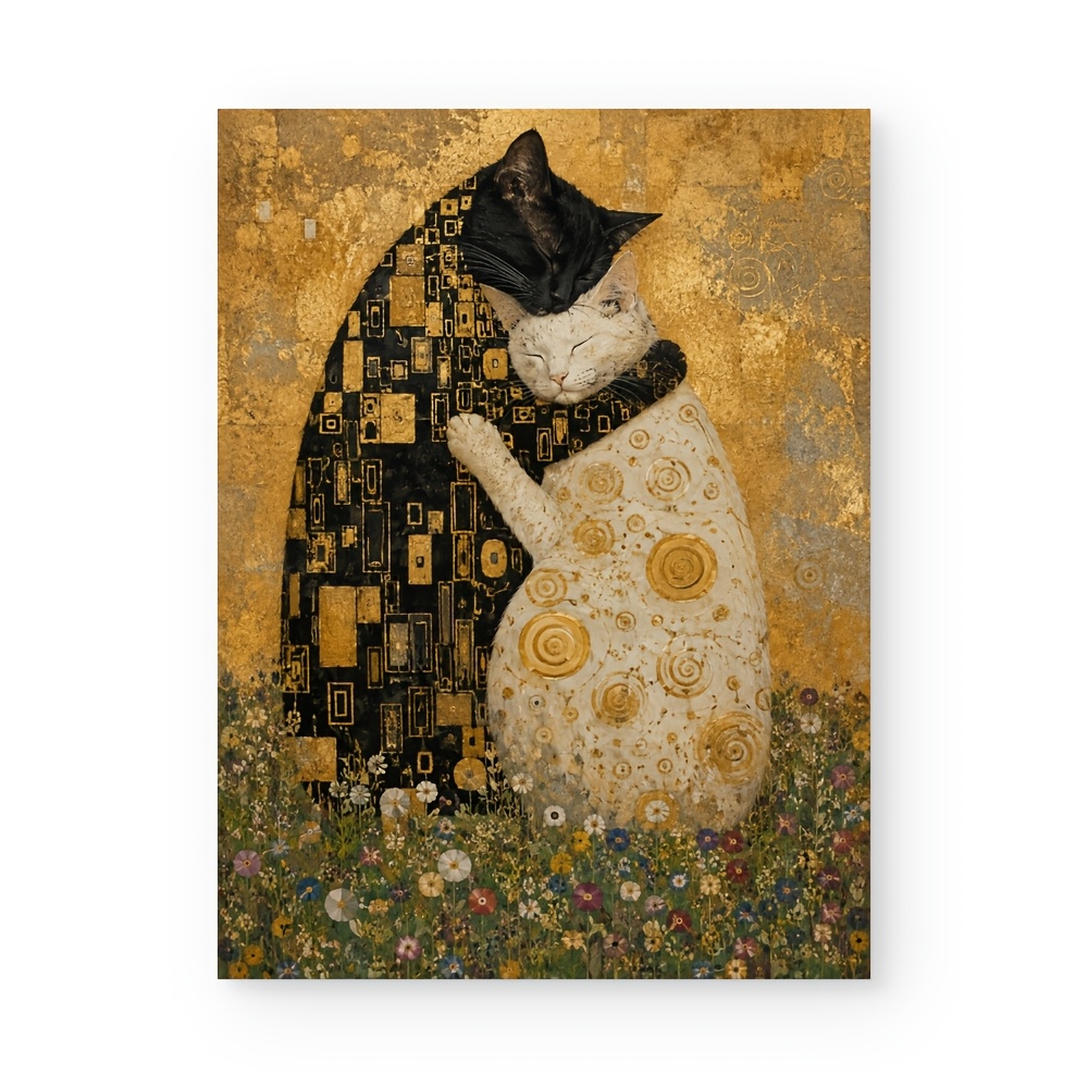 TEMU Affiche parodie de chat 2D à plat de Gustav Klimt - Style Klimt bohème adapté aux amoureux des animaux, texture murale dorée rétro avec imprimé