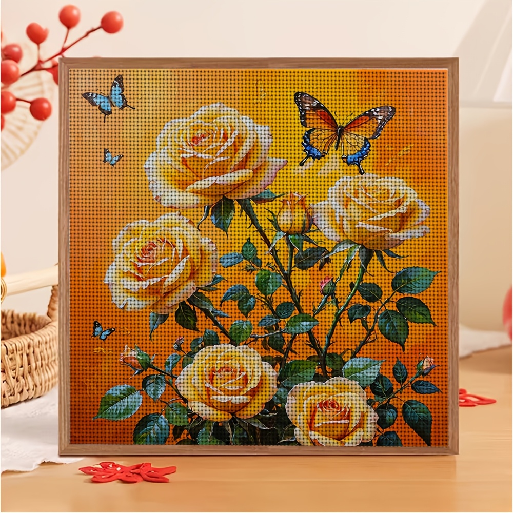 Yellow Rose with Colorful Butterflies Cross-Stitch Kit, 11CT