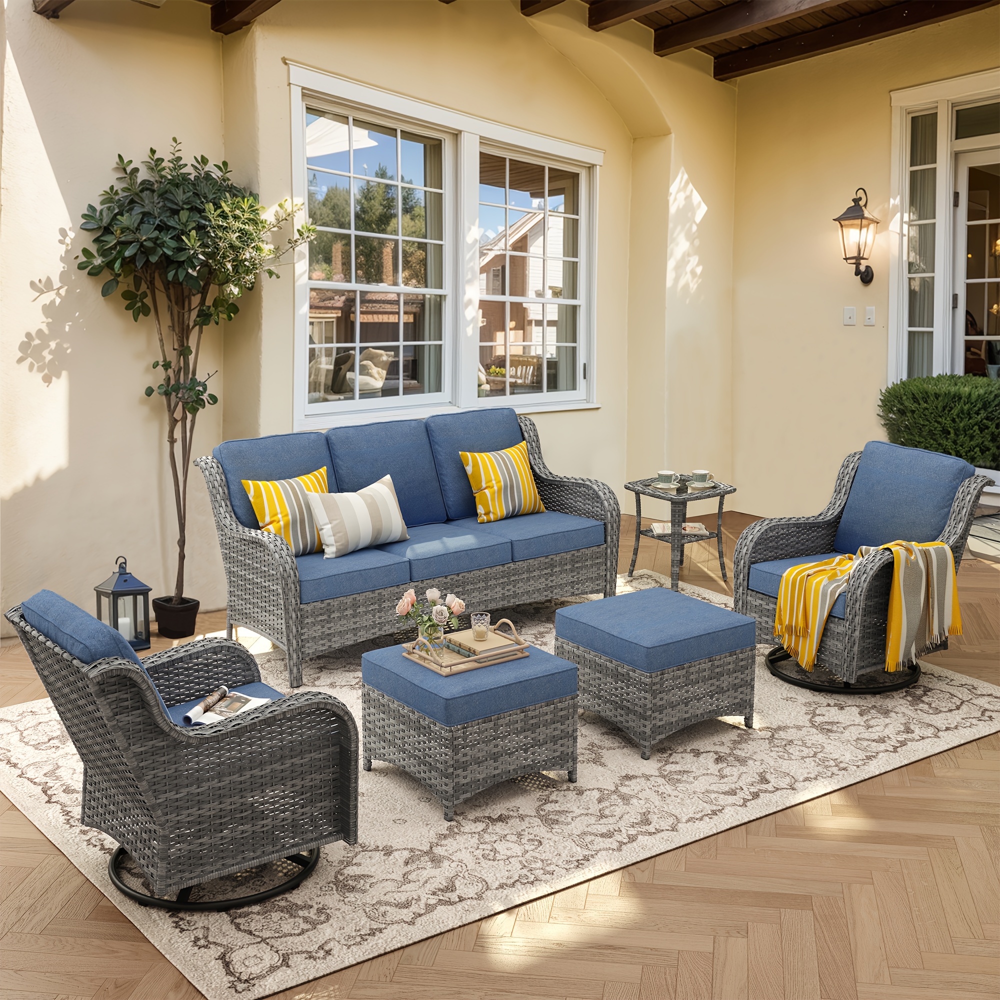 6pcs Outdoor Patio Furniture Set with Swivel Rocking Chairs, High Back Outdoor Sectional Sofa Sets with Side Table - Handwoven Rattan Outside Seating Sofa, Weather-Resistant Couch for Garden/Deck/Backyard/Decor
