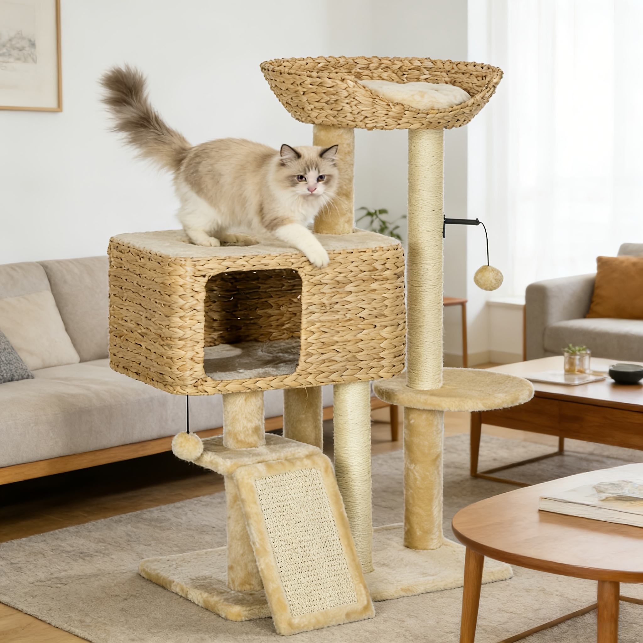 TEMU 98cm Cat Tree With Platforms Strong Sisal Scratching Post, Tip-resistant, Soft Plush, For Cats Up To 6kg