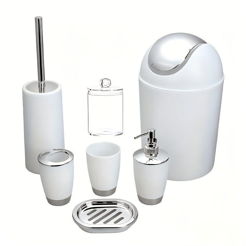 TEMU New 6pcs Bathroom Accessory Set With Trash Can, Toilet Brush, Lotion Dispenser, Soap Dish, Mouthwash Cup & Toothbrush Holder Can Housewarming