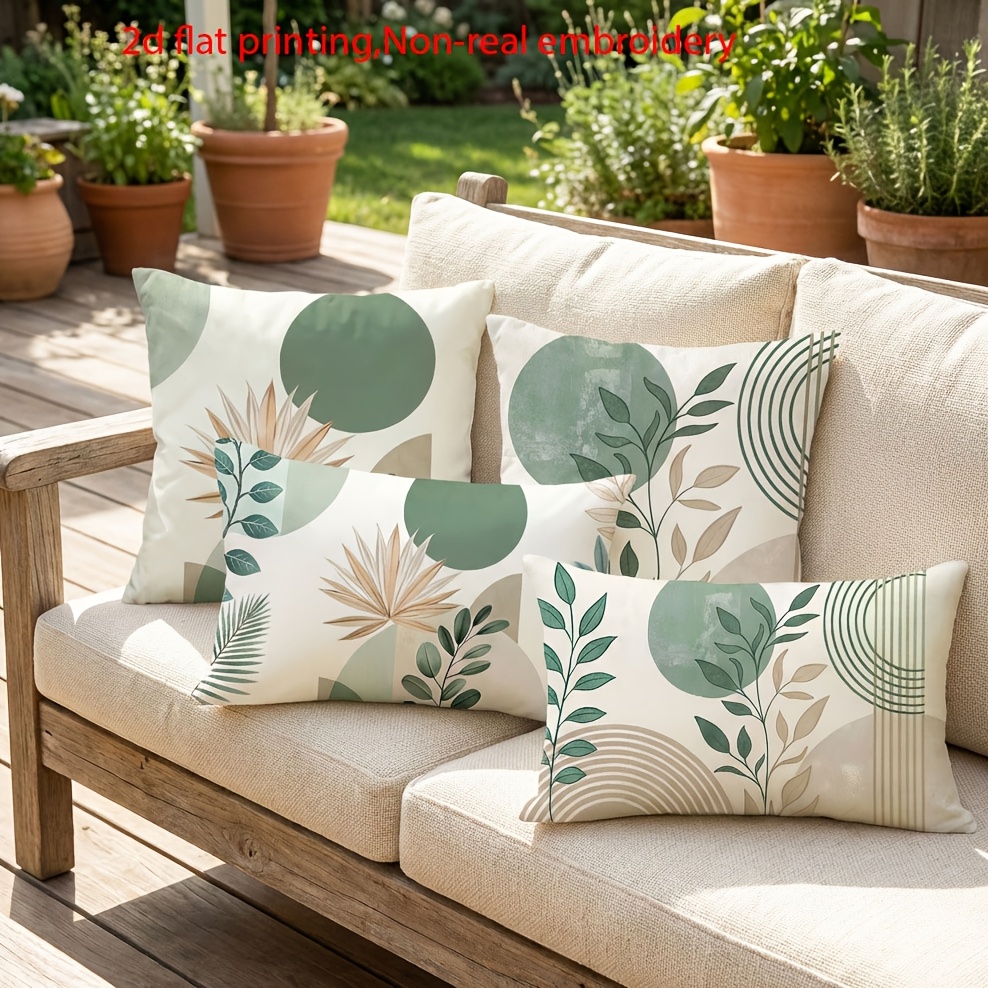 E-shop Set mit 4 modischen Kissenbezügen mit grünem Blatt- und Kreisdesign, Größe 18x18 Zoll und 12x20 Zoll, ideal für Sofas, Wohnzimmer, Außenbereiche