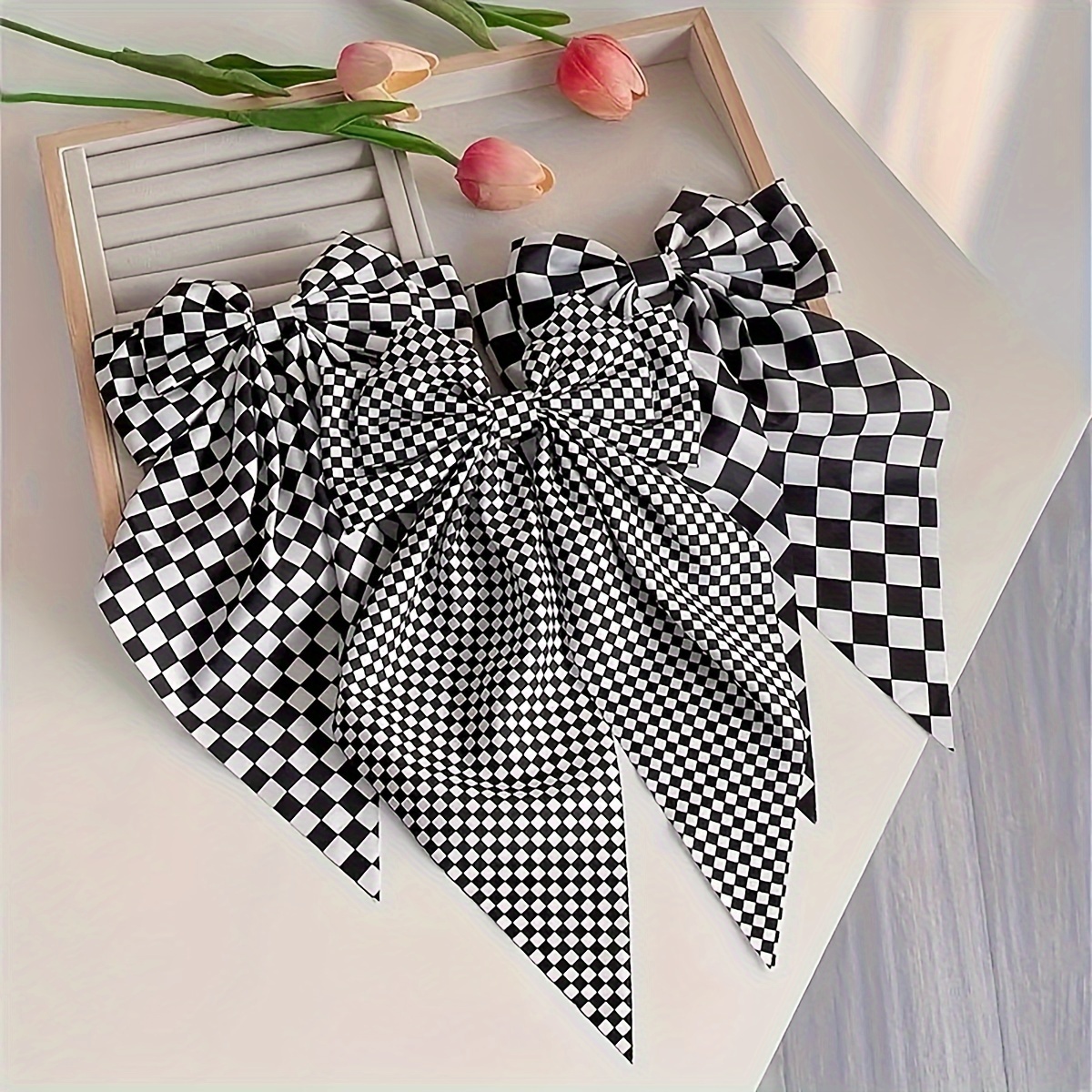 

3pcs Elegant Checkered Print Fabric Bow Hair Bows, Spring Clip Hair Accessories, Stylish Bowknot Headband For Women, Hair Styling Accessory Set