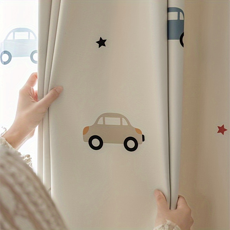 Image of 2pcs Cartoon Automotive Polyester Printing Beige Blackout Curtains For Living Room Bedroom Door Window Multi Functional Hook Matching Tulle Curtain Home Partition Drapes