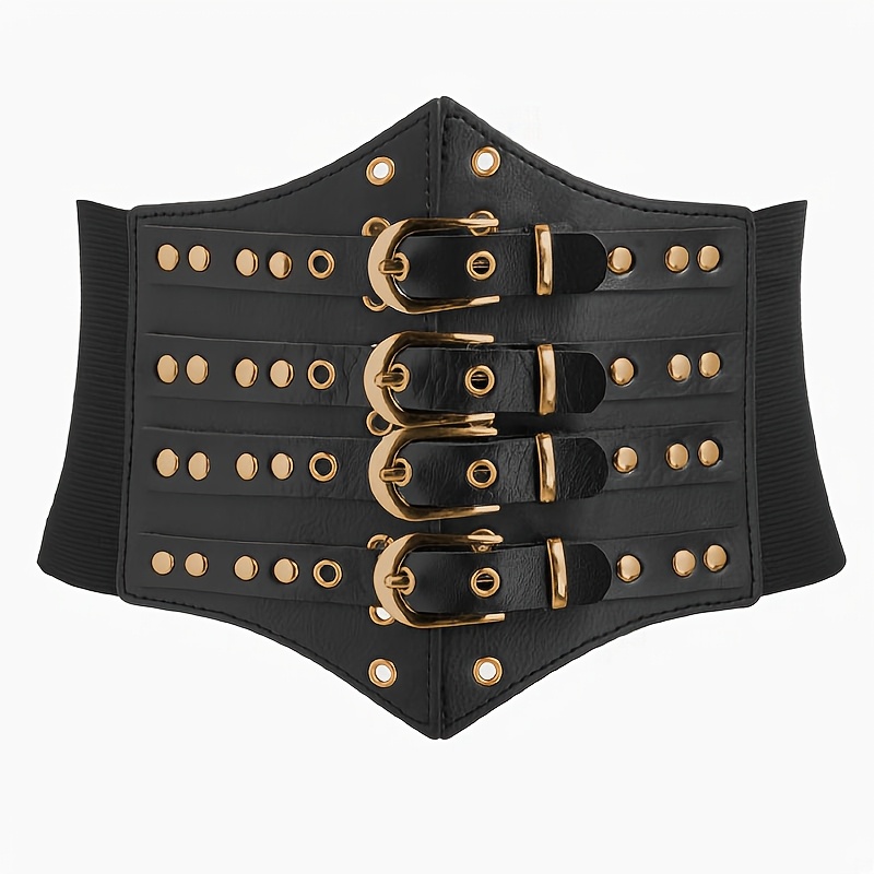 Vintage Black Leather Wide Waist Belt Gold Roller Buckle Dark Academia Goth M Wide Belts for Women Fashion Elastic Belt for Dresses  main image 4