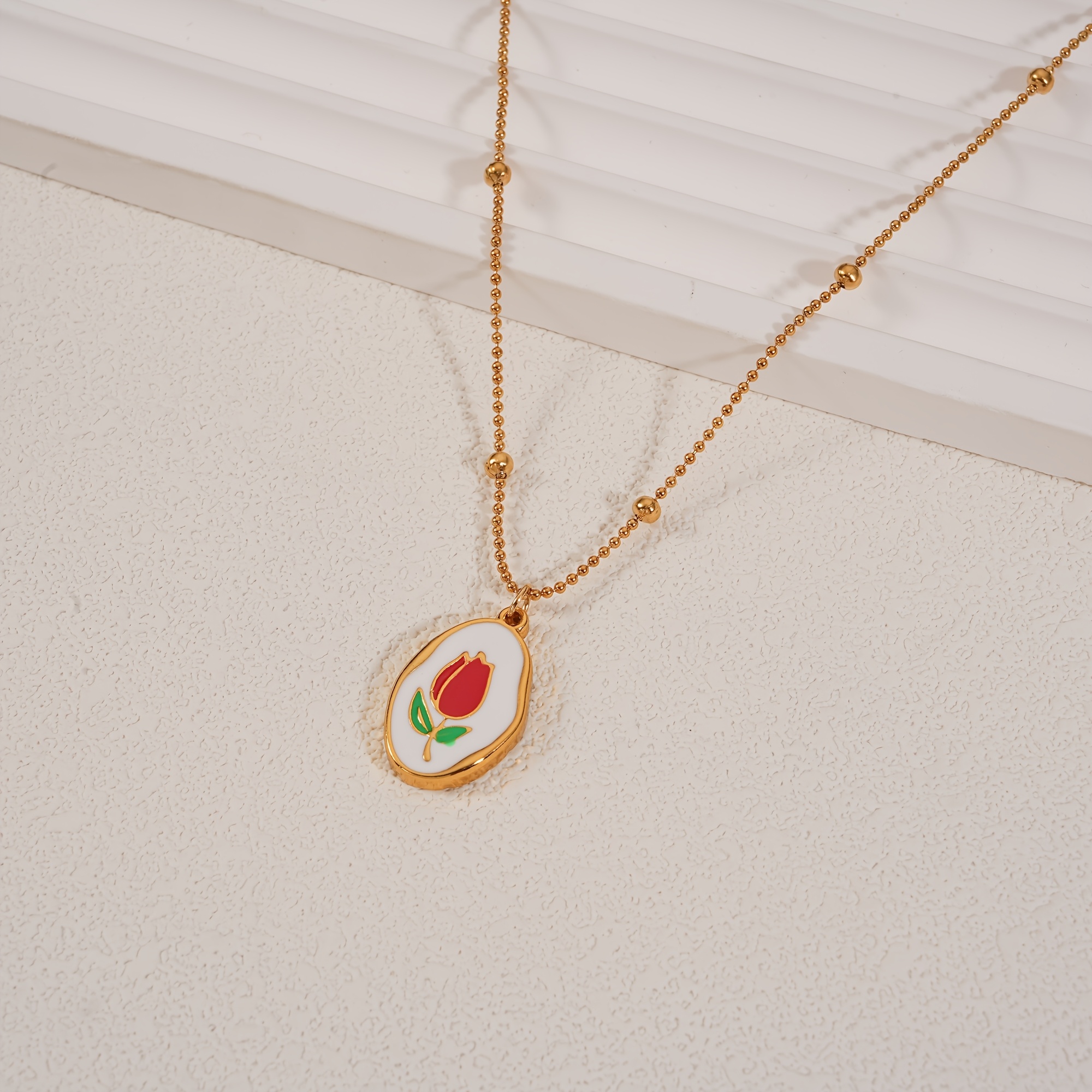 TEMU Of 304 Stainless Steel Necklaces For Women High Quality With Colorful Rose-shaped Pendant And Golden-tone Chain Hypoallergenic And Anti-fading