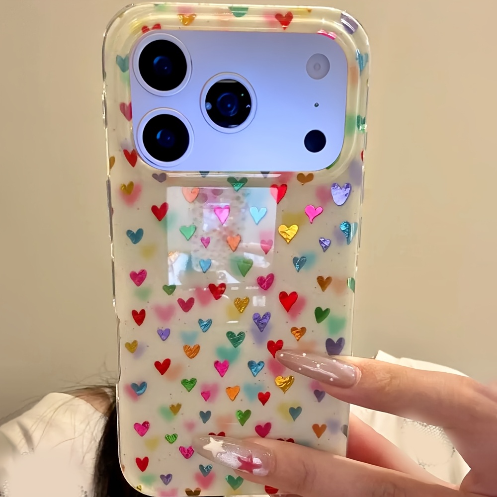 TEMU Phone Case - Fashionable Ins Korean Cute Colorful Heart Gradient Tin Texture Phone Case, Full Protection Anti-drop Case Suitable For Iphone