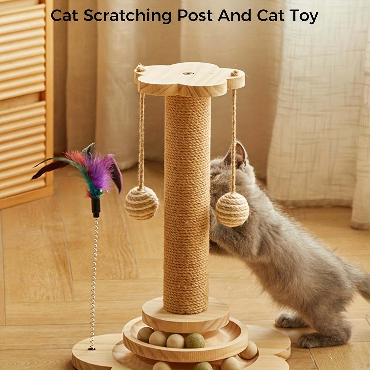 TEMU Cat Scratching Post, 4in 1 Wooden Cat Scratcher Toy, 17.7" Tall Scratch Post With 2 Level Cat Track Balls, Interactive Cat Feather Toy And 2 Sisal Hanging Balls For Indoor Kittens, Best Gift For