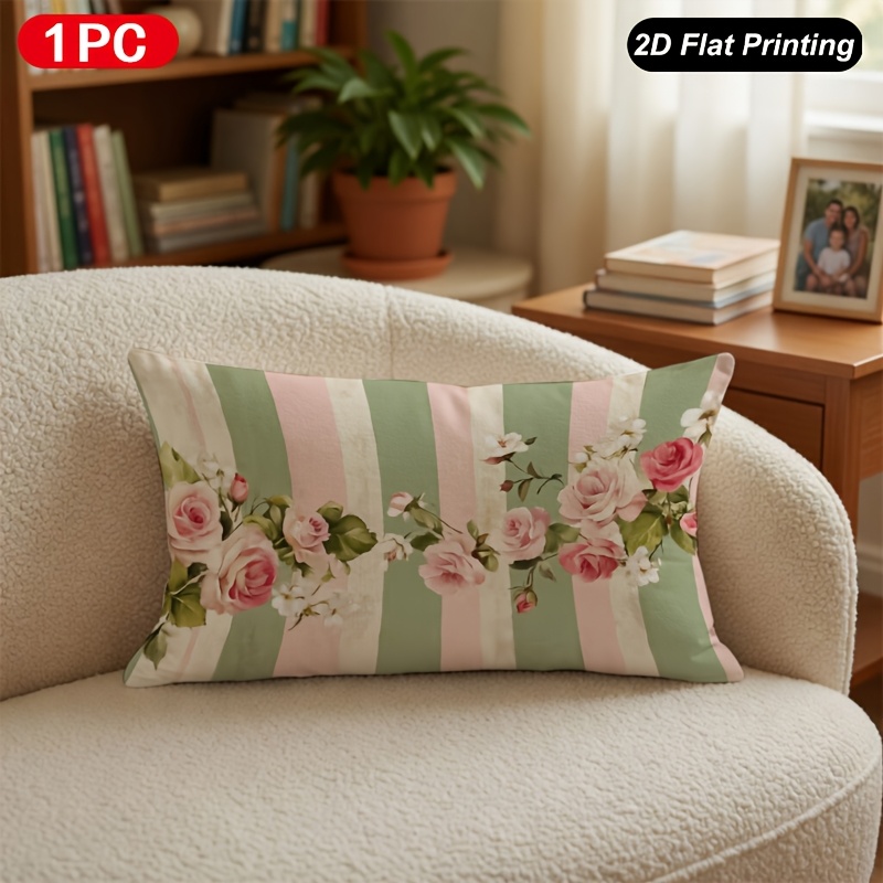 TEMU Housse de coussin lombaire 2D plate - 1 pièce, impression 2D plate, motif roses roses rayées, pour intérieur/extérieur, décoration de ferme,