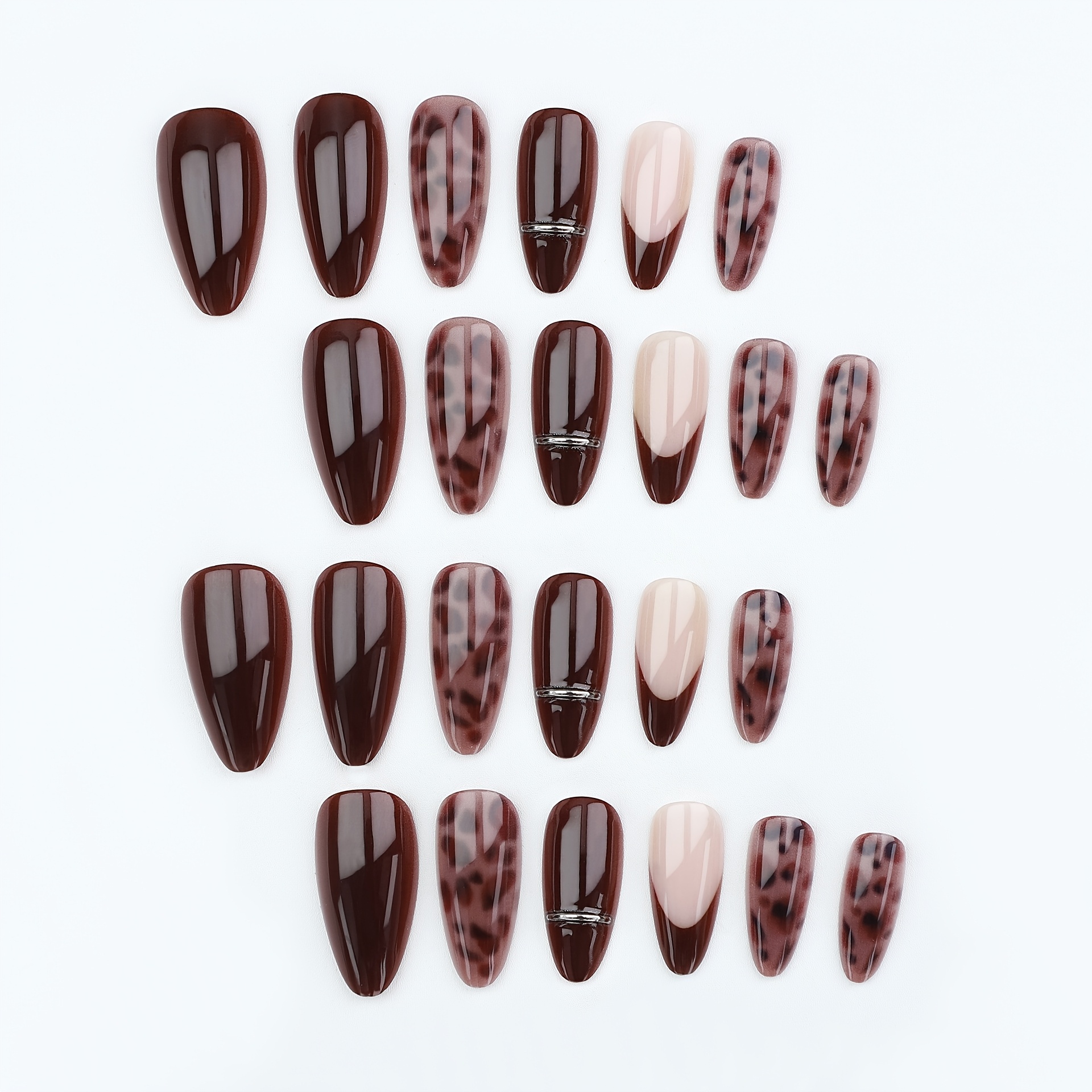 TEMU Danartlux 24pcs Medium Long Almond Fake Nails, Burgundy Leopard Print Press-on Nails, Nude Pink Tips, Trendy Nail Set For Women, Fall Date Daily